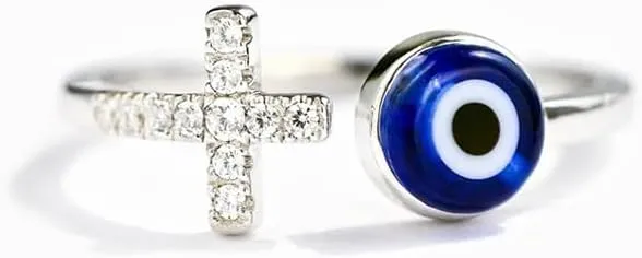 Adjustable Evil Eye Ring Silver Dainty Open Adjustable Rings Cross Evil Eye Jewelry for Women Energy Protection Ring