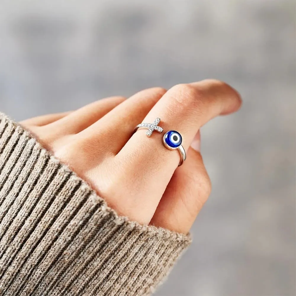 Adjustable Evil Eye Ring Silver Dainty Open Adjustable Rings Cross Evil Eye Jewelry for Women Energy Protection Ring