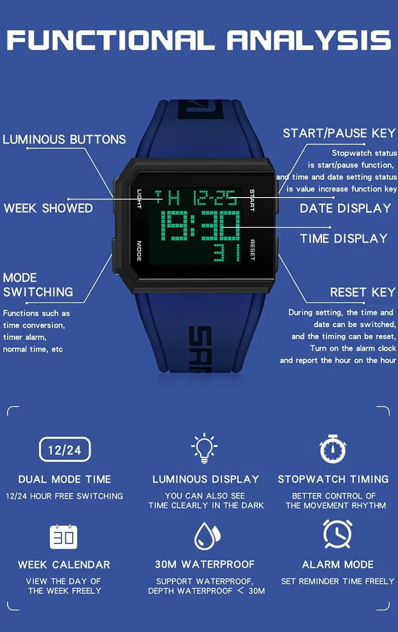 ADSBIAOYE Square Mens Digital Watch Outdoor Sports Multi-Function Watch LED Waterproof Chronograph Electronic Watches