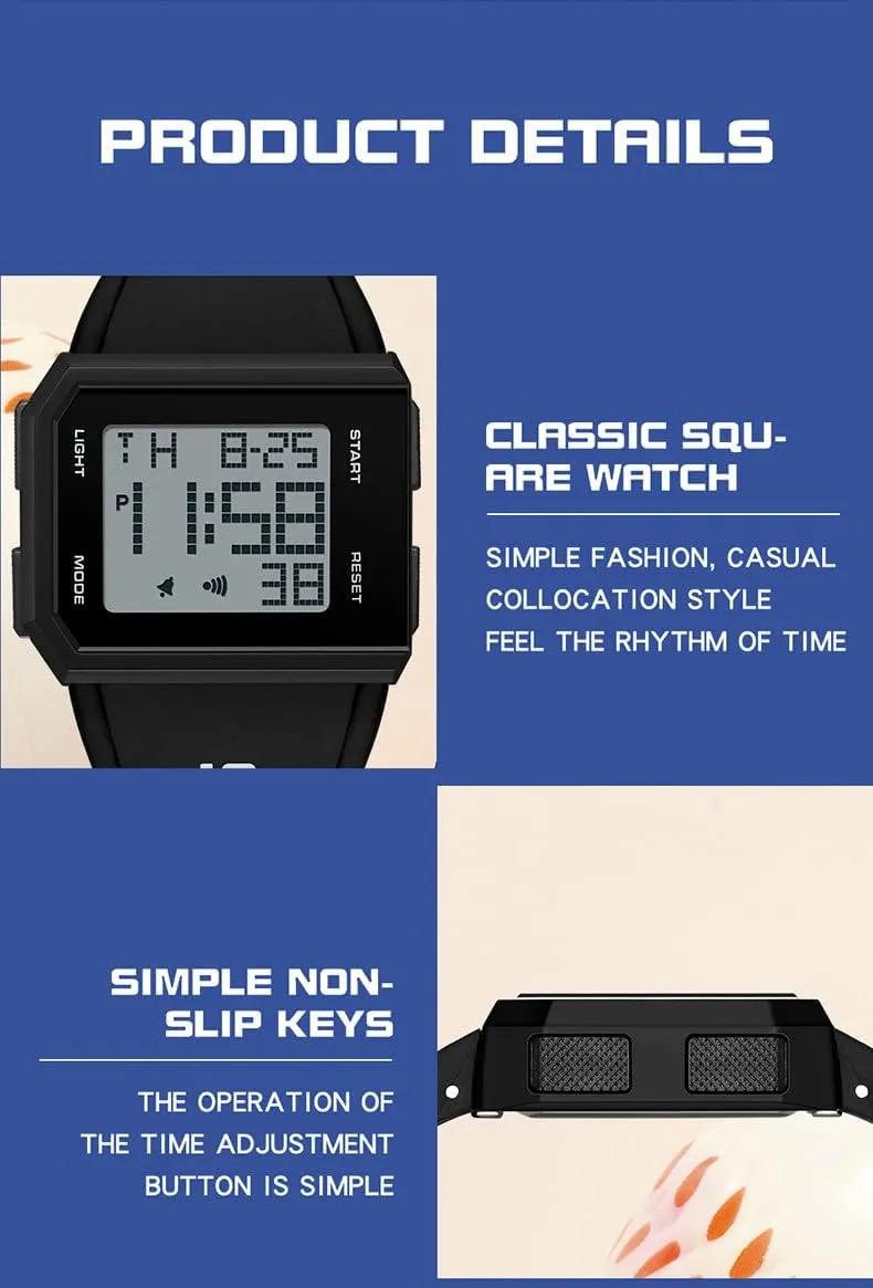 ADSBIAOYE Square Mens Digital Watch Outdoor Sports Multi-Function Watch LED Waterproof Chronograph Electronic Watches