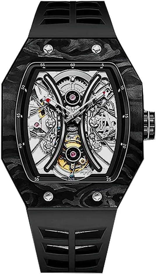 AESOP Skeleton Tourbillon Watches for Men Tonneau Mechanical Hand Wind Wrist Watches Carbon Fiber Bezel Stainless Steel Hardlex Waterproof Luminous Fashion Sport Watch with Rubber Strap 7035