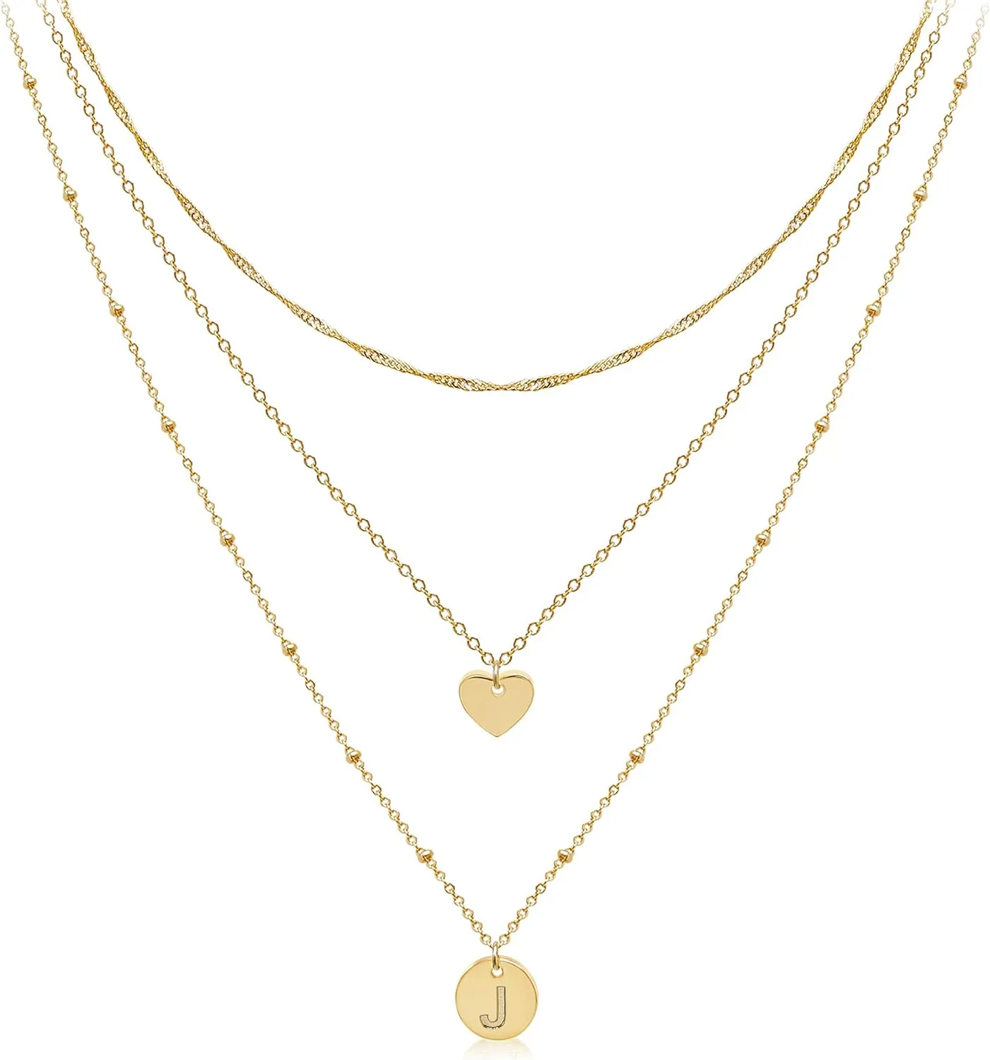 Aisansty Dainty Layered Initial Choker Necklaces Handmade 14K Gold Plated Tiny Heart Personalized Letter Disc Pendant Adjustable Chain Layering Gold Necklaces for Women Gift Jewelry