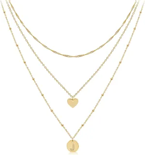 Aisansty Dainty Layered Initial Choker Necklaces Handmade 14K Gold Plated Tiny Heart Personalized Letter Disc Pendant Adjustable Chain Layering Gold Necklaces for Women Gift Jewelry