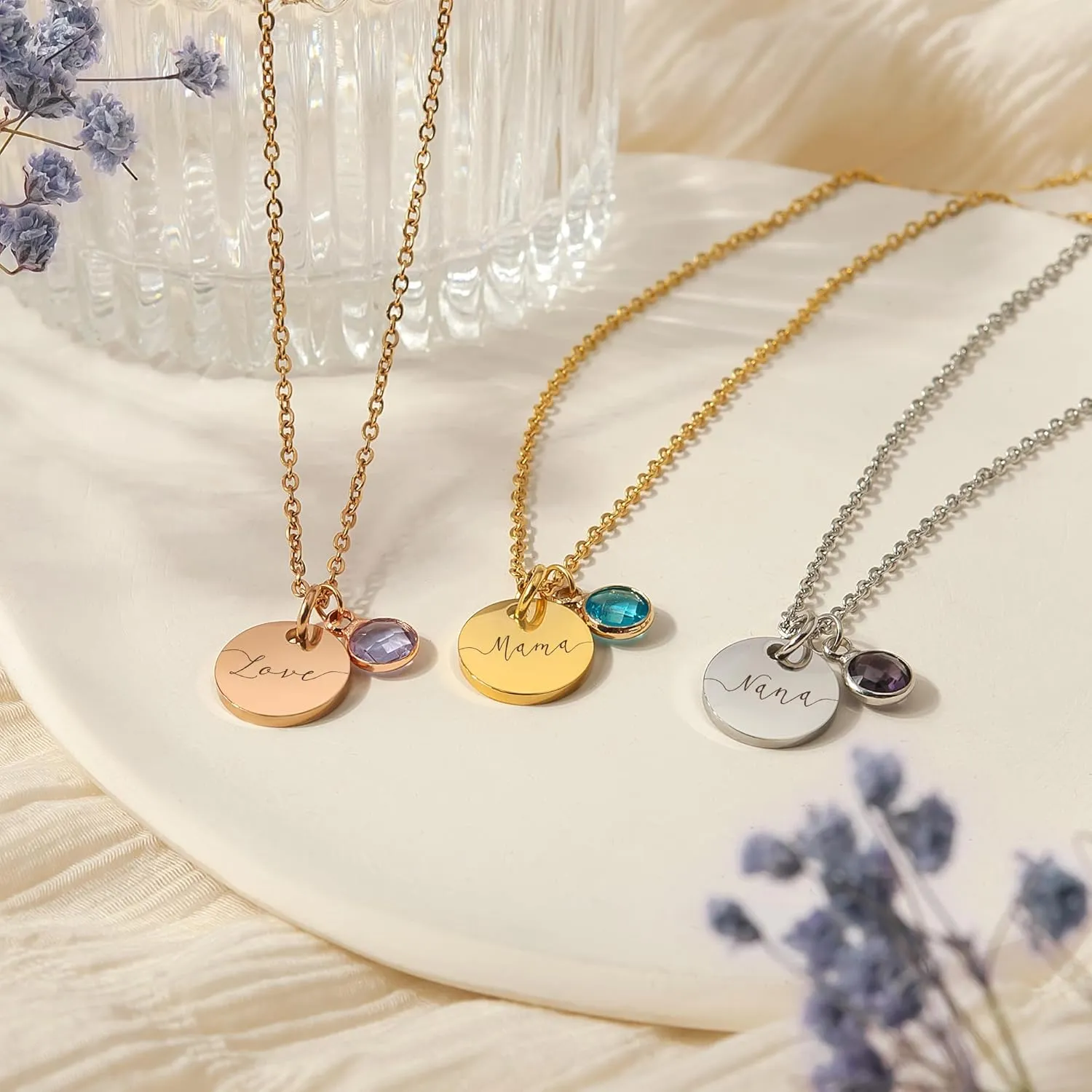 Anavia Birthstone Name Necklace, Personalized Engraved Coin Necklace for Women, Customized Gold Plated Pendant Necklace Handmade Jewelry Gift for Her Mom Grandma