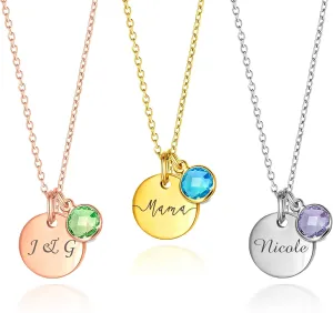 Anavia Birthstone Name Necklace, Personalized Engraved Coin Necklace for Women, Customized Gold Plated Pendant Necklace Handmade Jewelry Gift for Her Mom Grandma