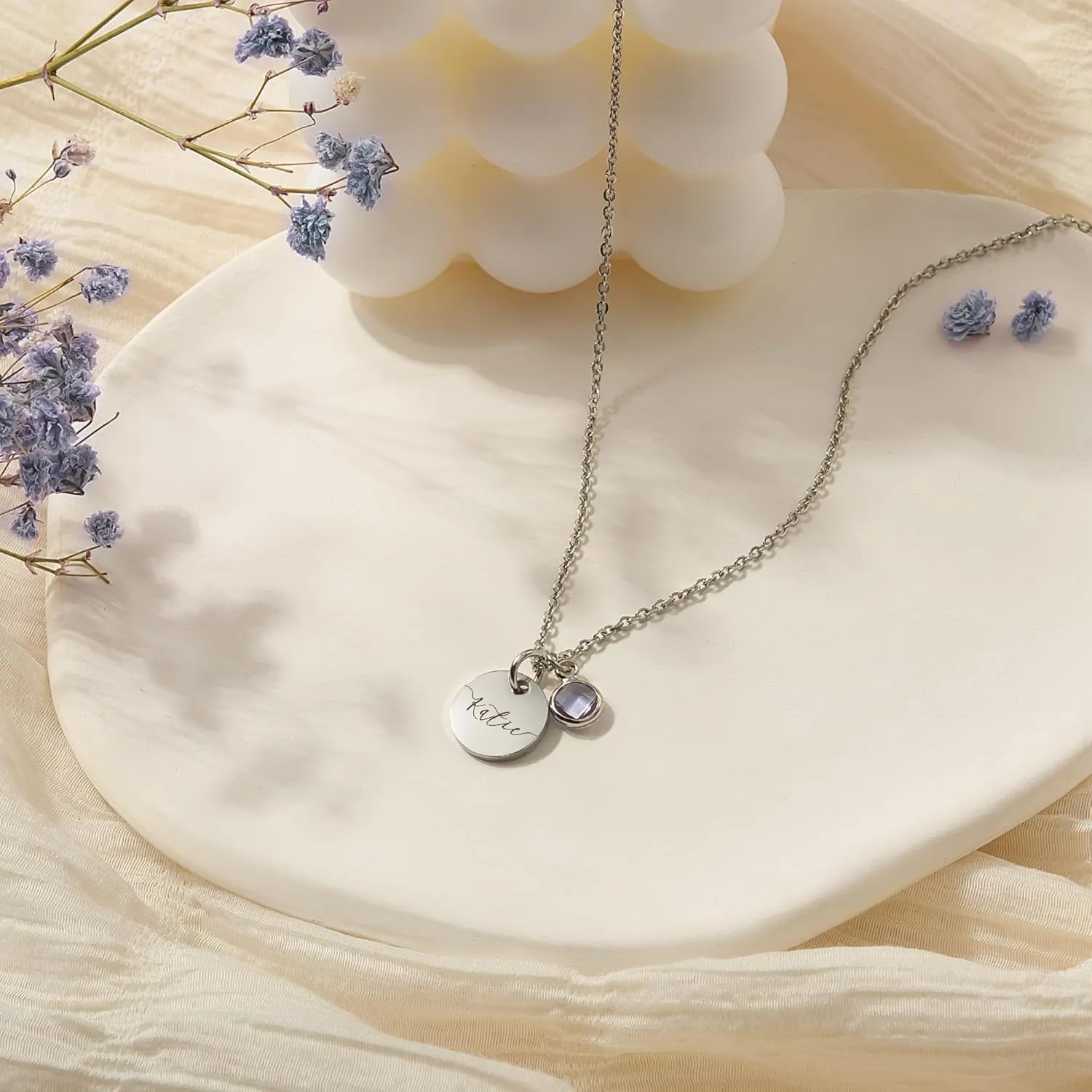 Anavia Birthstone Name Necklace, Personalized Engraved Coin Necklace for Women, Customized Gold Plated Pendant Necklace Handmade Jewelry Gift for Her Mom Grandma