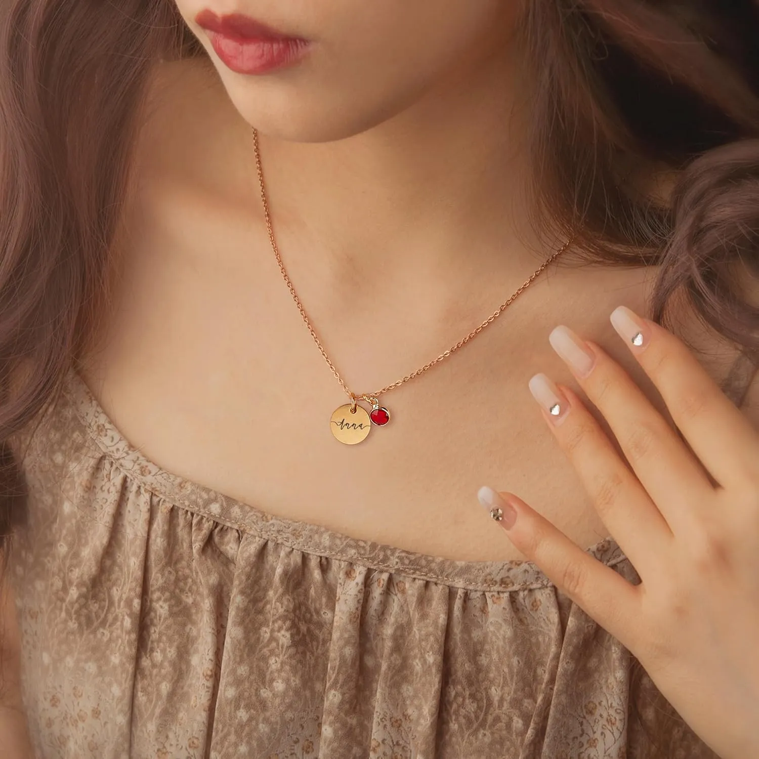 Anavia Birthstone Name Necklace, Personalized Engraved Coin Necklace for Women, Customized Gold Plated Pendant Necklace Handmade Jewelry Gift for Her Mom Grandma