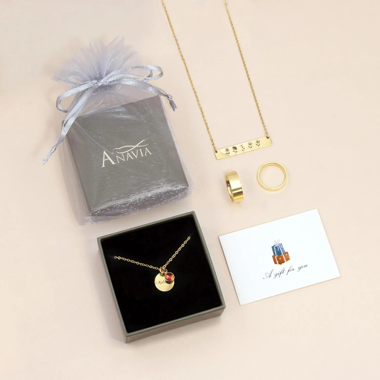 Anavia Birthstone Name Necklace, Personalized Engraved Coin Necklace for Women, Customized Gold Plated Pendant Necklace Handmade Jewelry Gift for Her Mom Grandma