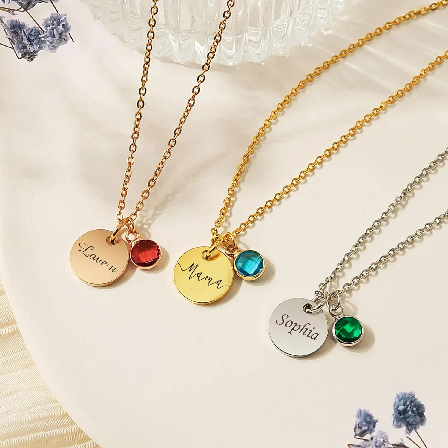 Anavia Birthstone Name Necklace, Personalized Engraved Coin Necklace for Women, Customized Gold Plated Pendant Necklace Handmade Jewelry Gift for Her Mom Grandma