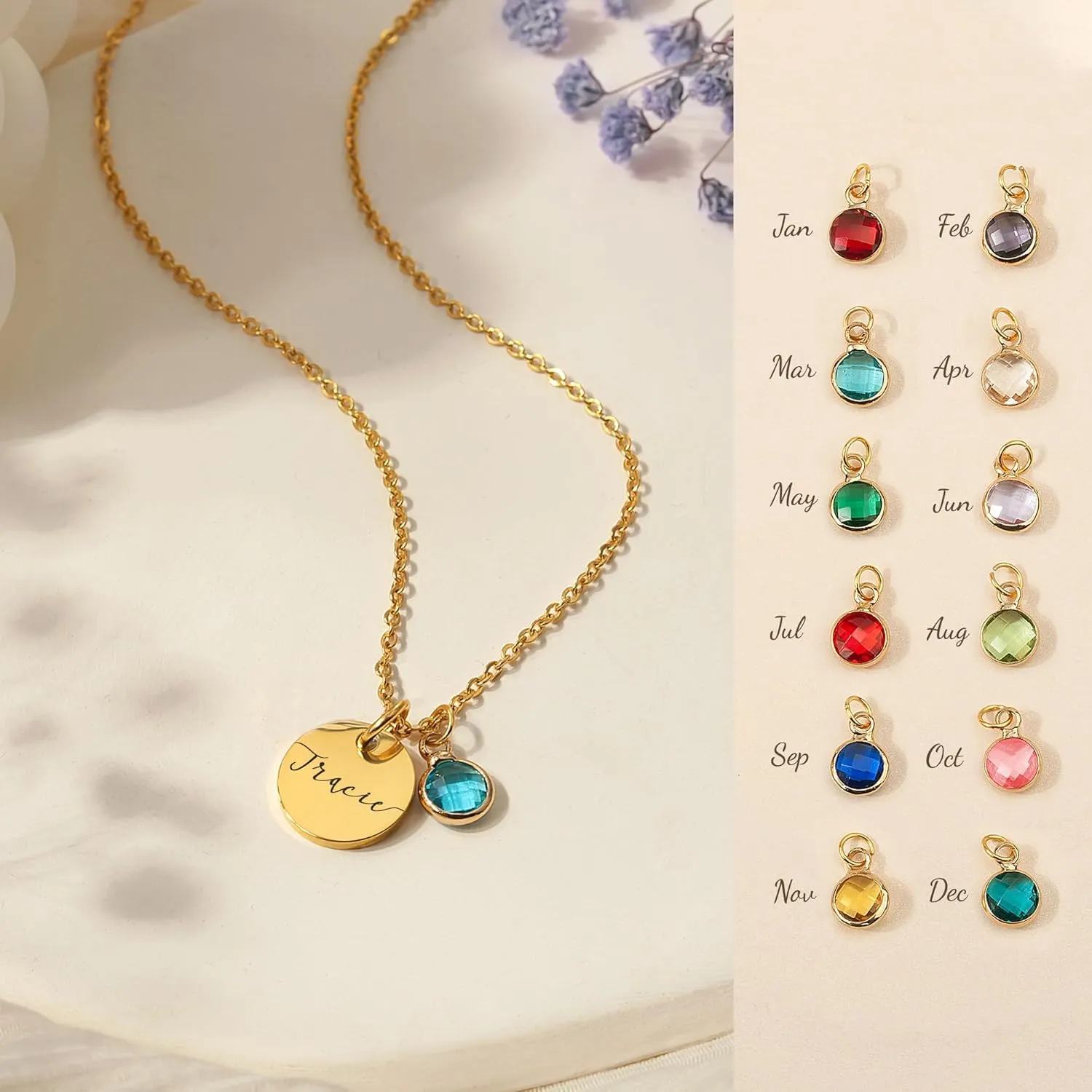 Anavia Birthstone Name Necklace, Personalized Engraved Coin Necklace for Women, Customized Gold Plated Pendant Necklace Handmade Jewelry Gift for Her Mom Grandma
