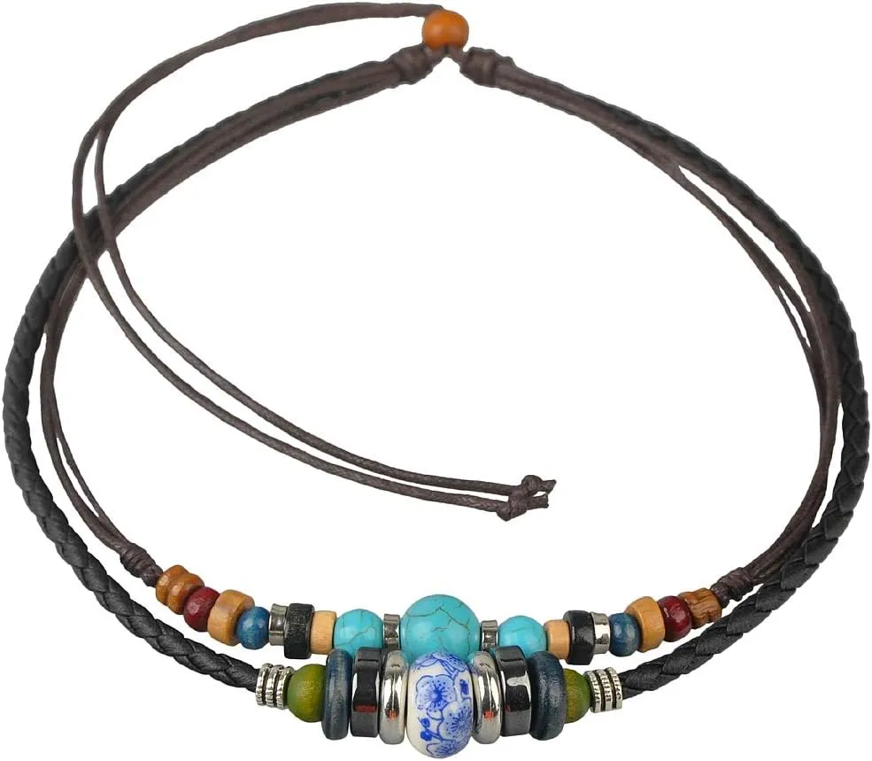 Ancient Tribe Adjustable Hemp Leather Cords Choker Necklace Turquoise Beads