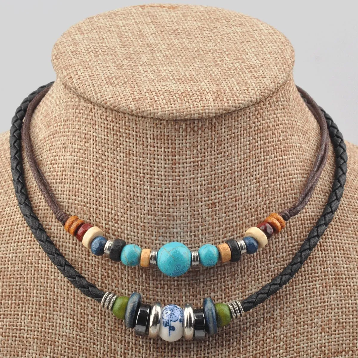Ancient Tribe Adjustable Hemp Leather Cords Choker Necklace Turquoise Beads