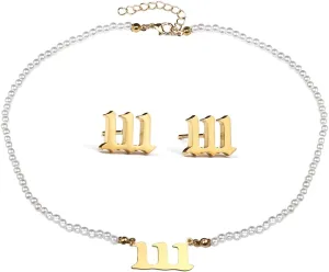 Angel Number Pendant Pearl Necklace Stud Earrings Set Ancient English Number Pendant Adjustable Jewelry Set Numerology Jewelry Gifts for Women