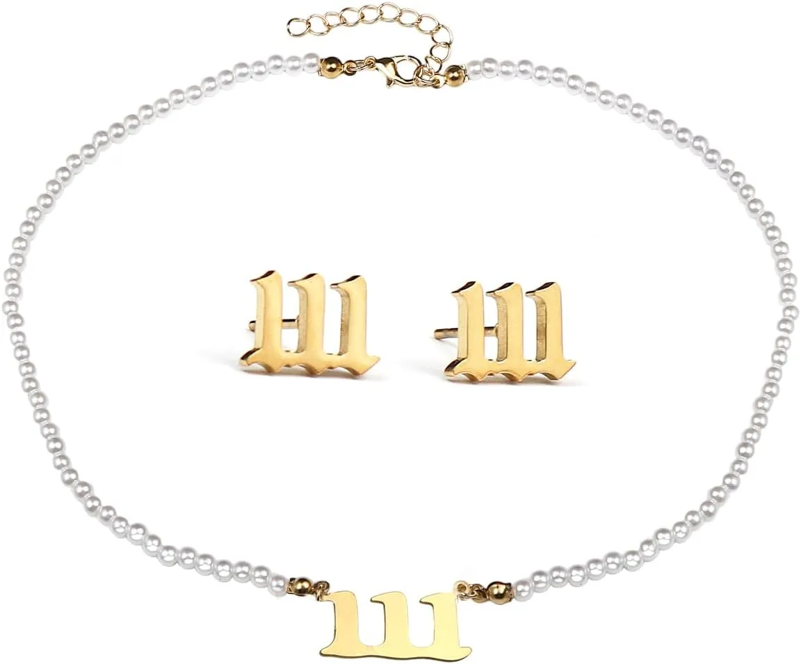 Angel Number Pendant Pearl Necklace Stud Earrings Set Ancient English Number Pendant Adjustable Jewelry Set Numerology Jewelry Gifts for Women