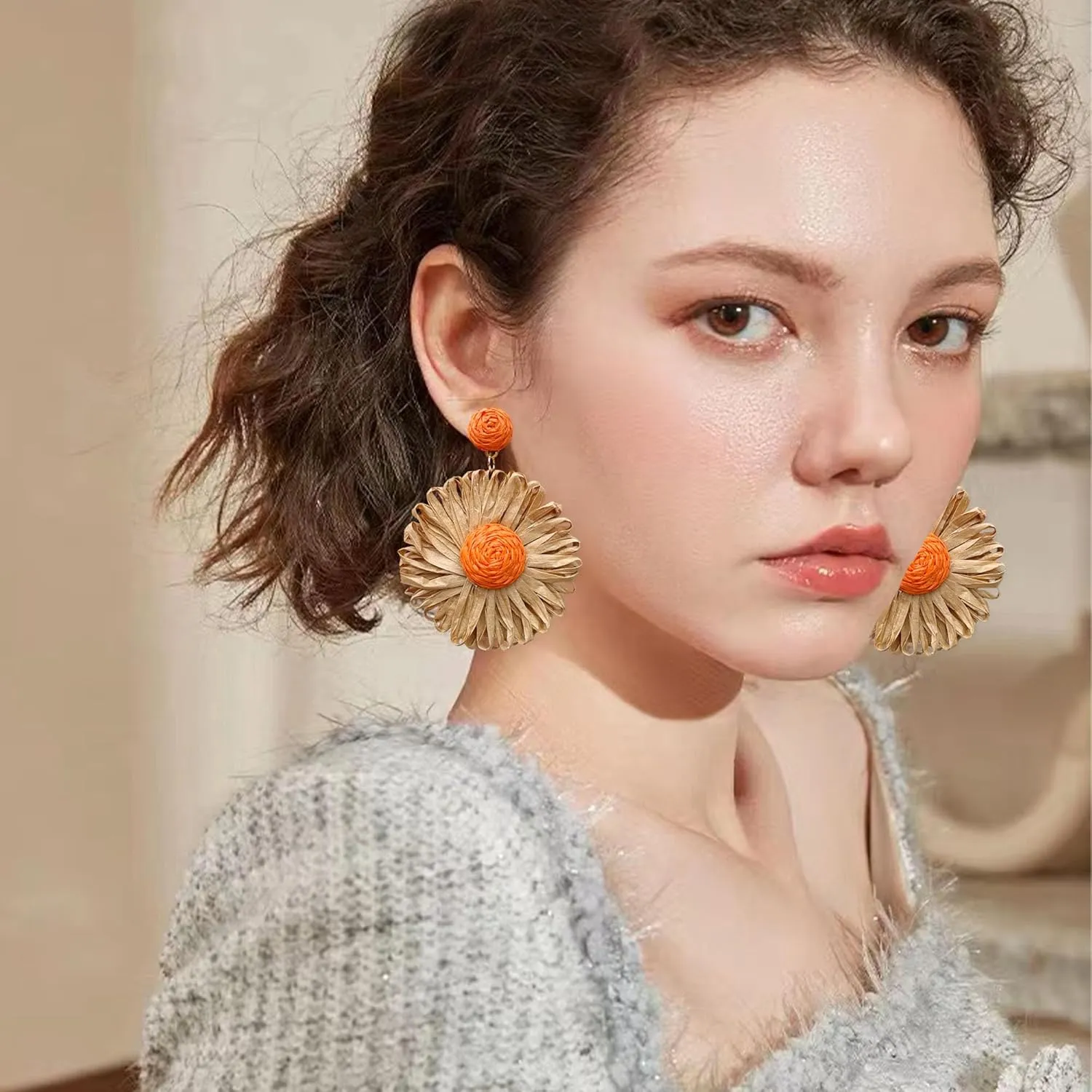 Anmpab Daisy Rattan Earrings for Women Statement Boho Raffia Straw Wrapped Flower Drop Dangle Earrings Jewelry