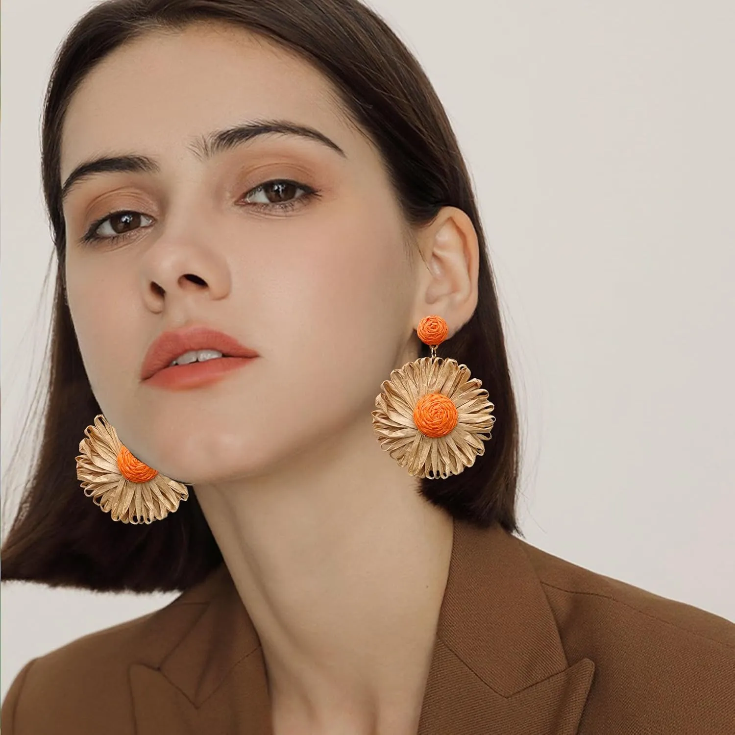 Anmpab Daisy Rattan Earrings for Women Statement Boho Raffia Straw Wrapped Flower Drop Dangle Earrings Jewelry