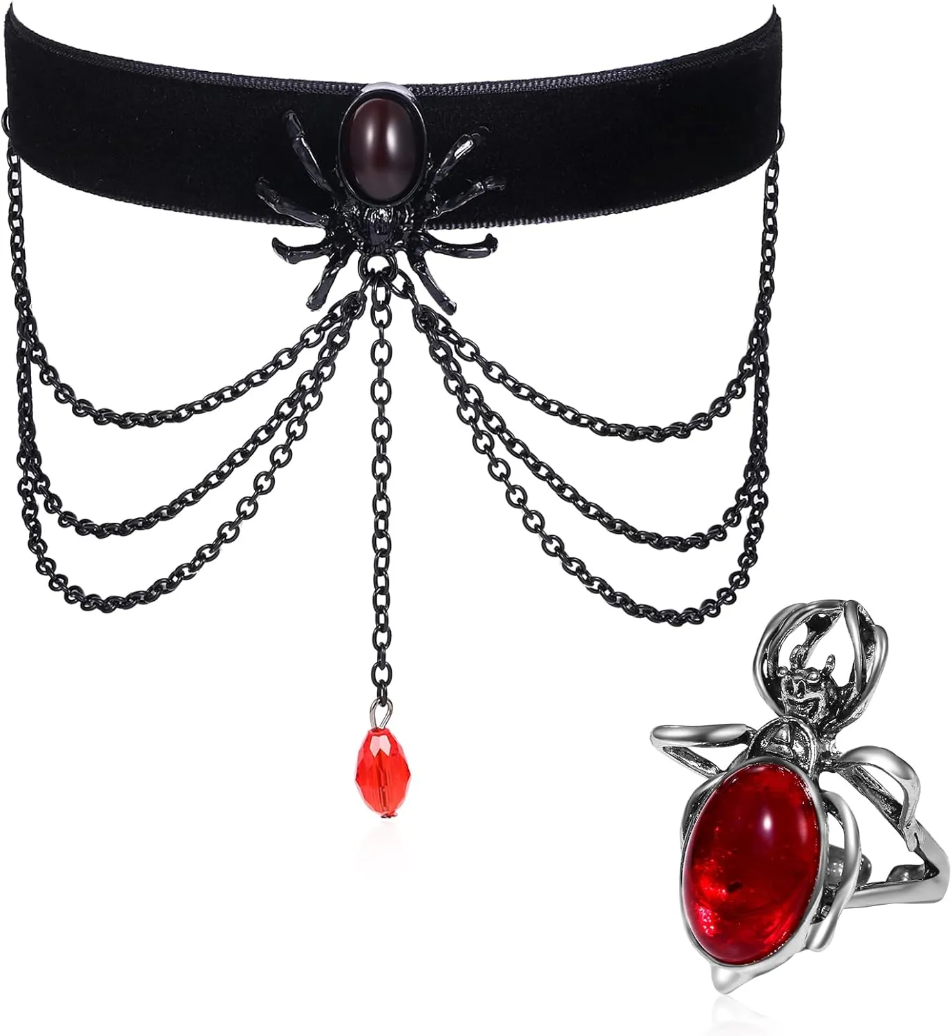 Aroncent Gothic Spider Choker Set: Black Velvet Necklace with Red Crystal Pendant and Matching Ring - Halloween Costume Jewelry for Women