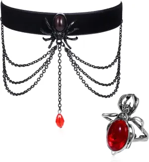 Aroncent Gothic Spider Choker Set: Black Velvet Necklace with Red Crystal Pendant and Matching Ring - Halloween Costume Jewelry for Women