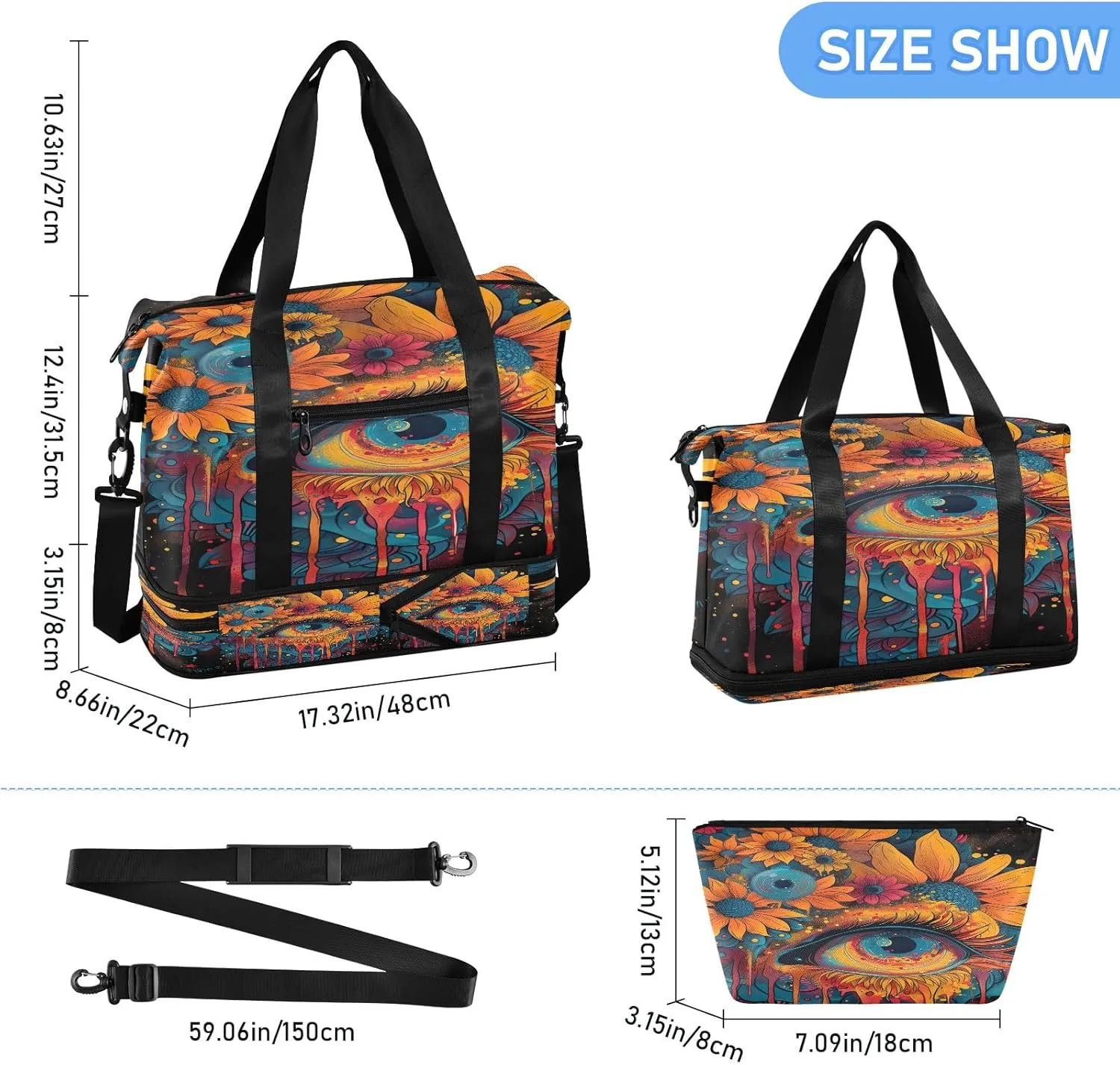 Art of Flowers and Eyes Traveling Bags Luggage Waterproof Women Gym Bag, Foldable Carry on Bags for Airplanes