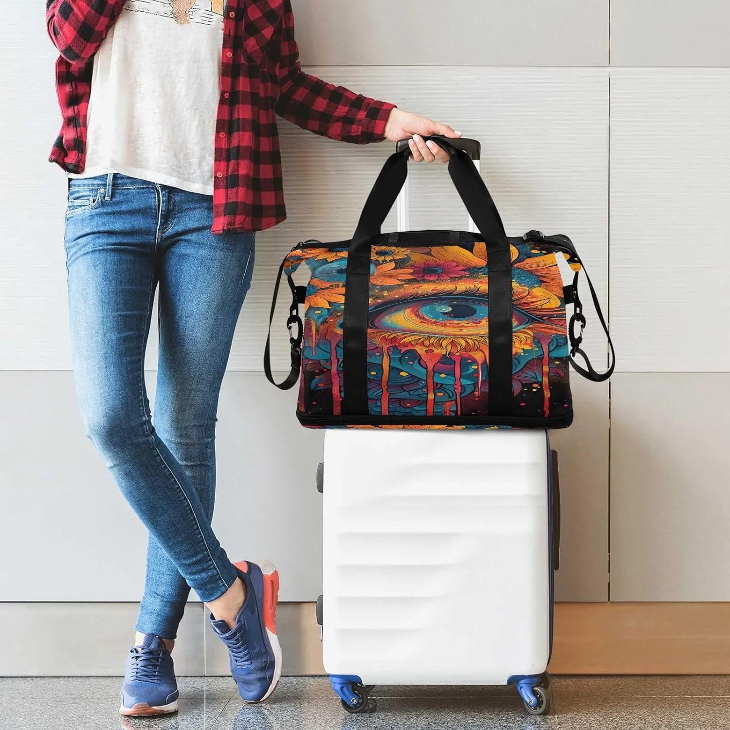 Art of Flowers and Eyes Traveling Bags Luggage Waterproof Women Gym Bag, Foldable Carry on Bags for Airplanes