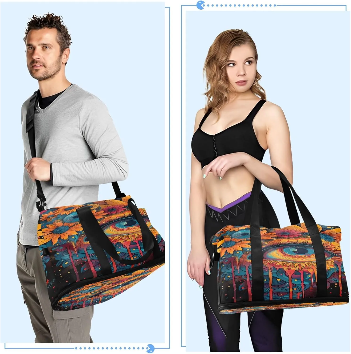Art of Flowers and Eyes Traveling Bags Luggage Waterproof Women Gym Bag, Foldable Carry on Bags for Airplanes