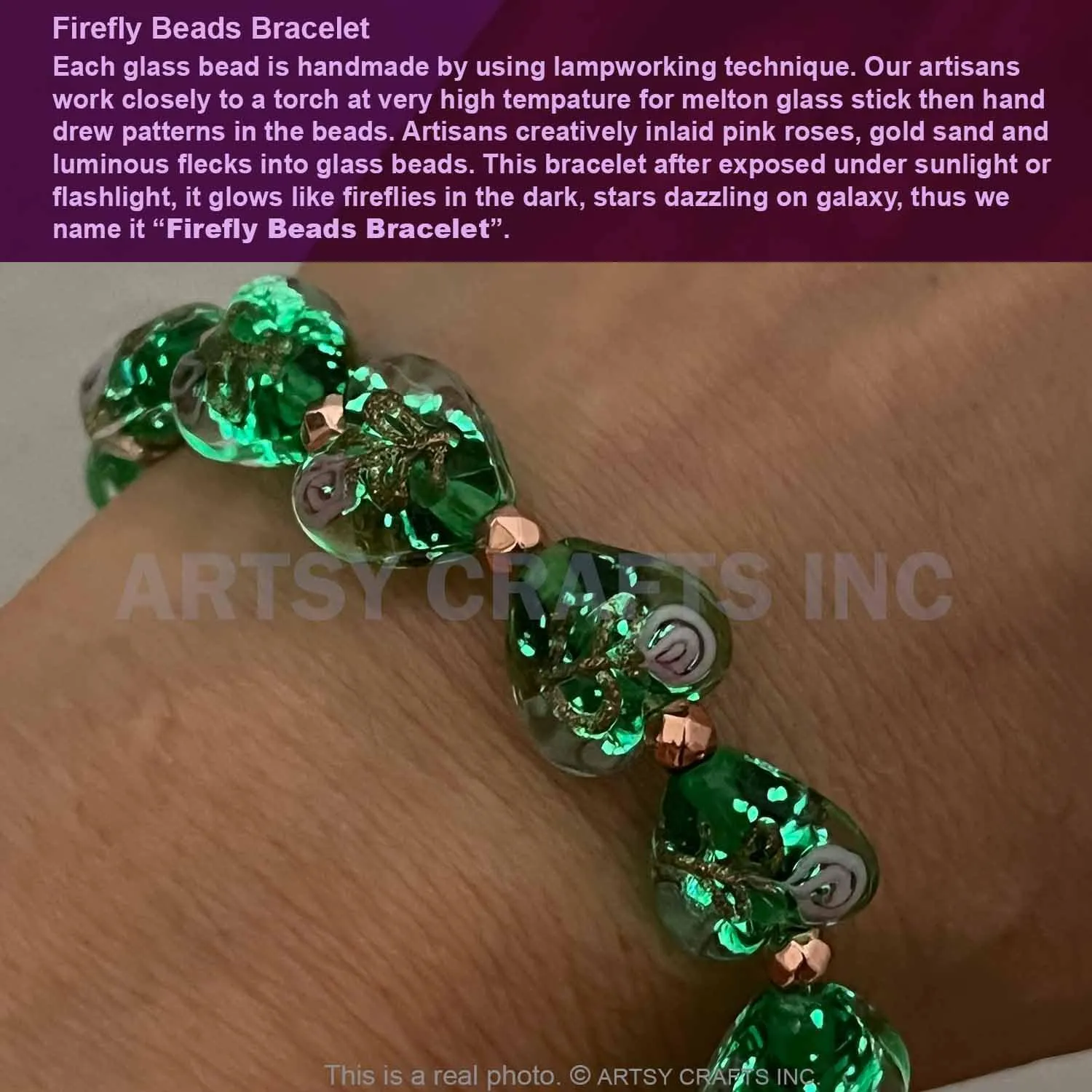 ARTSY Crafts Glow in the Dark Firefly Bead Bracelets Necklaces, Handmade in USA Heart Shaped Firefly Glass Jewelry, Murano Glass Crystal Mermaid Roses Heart Charm Bracelet Bangle