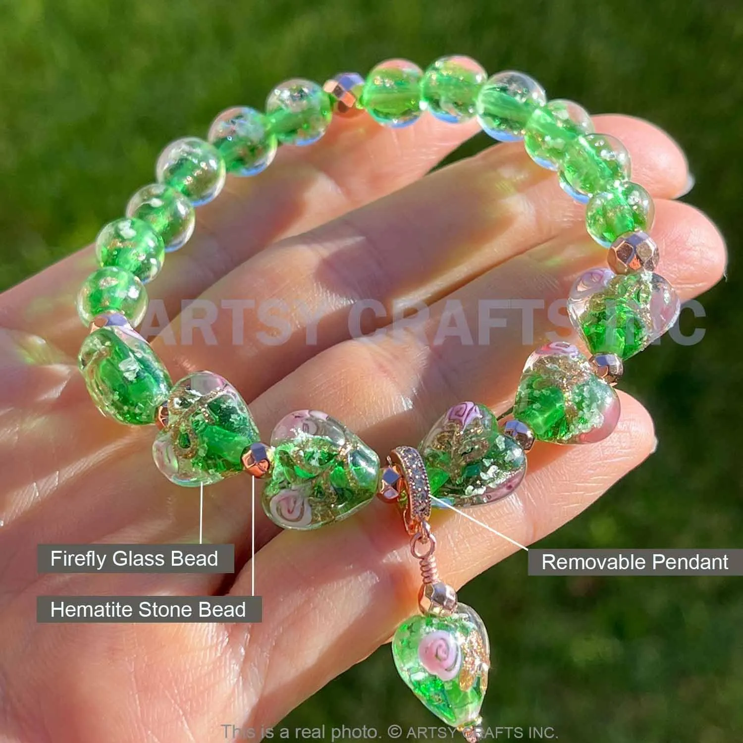ARTSY Crafts Glow in the Dark Firefly Bead Bracelets Necklaces, Handmade in USA Heart Shaped Firefly Glass Jewelry, Murano Glass Crystal Mermaid Roses Heart Charm Bracelet Bangle