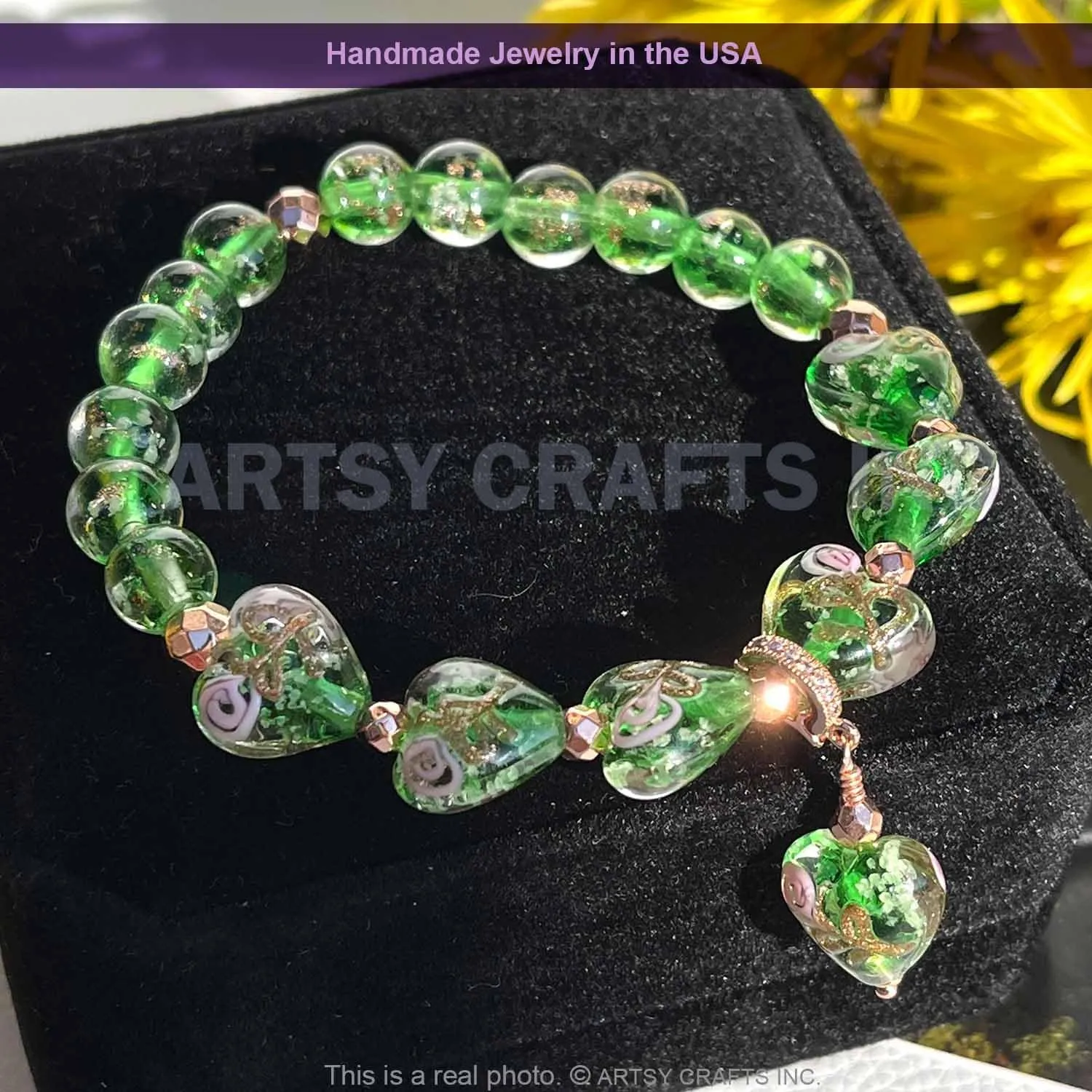 ARTSY Crafts Glow in the Dark Firefly Bead Bracelets Necklaces, Handmade in USA Heart Shaped Firefly Glass Jewelry, Murano Glass Crystal Mermaid Roses Heart Charm Bracelet Bangle