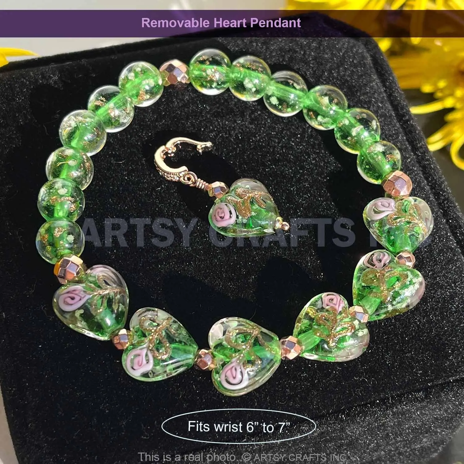 ARTSY Crafts Glow in the Dark Firefly Bead Bracelets Necklaces, Handmade in USA Heart Shaped Firefly Glass Jewelry, Murano Glass Crystal Mermaid Roses Heart Charm Bracelet Bangle