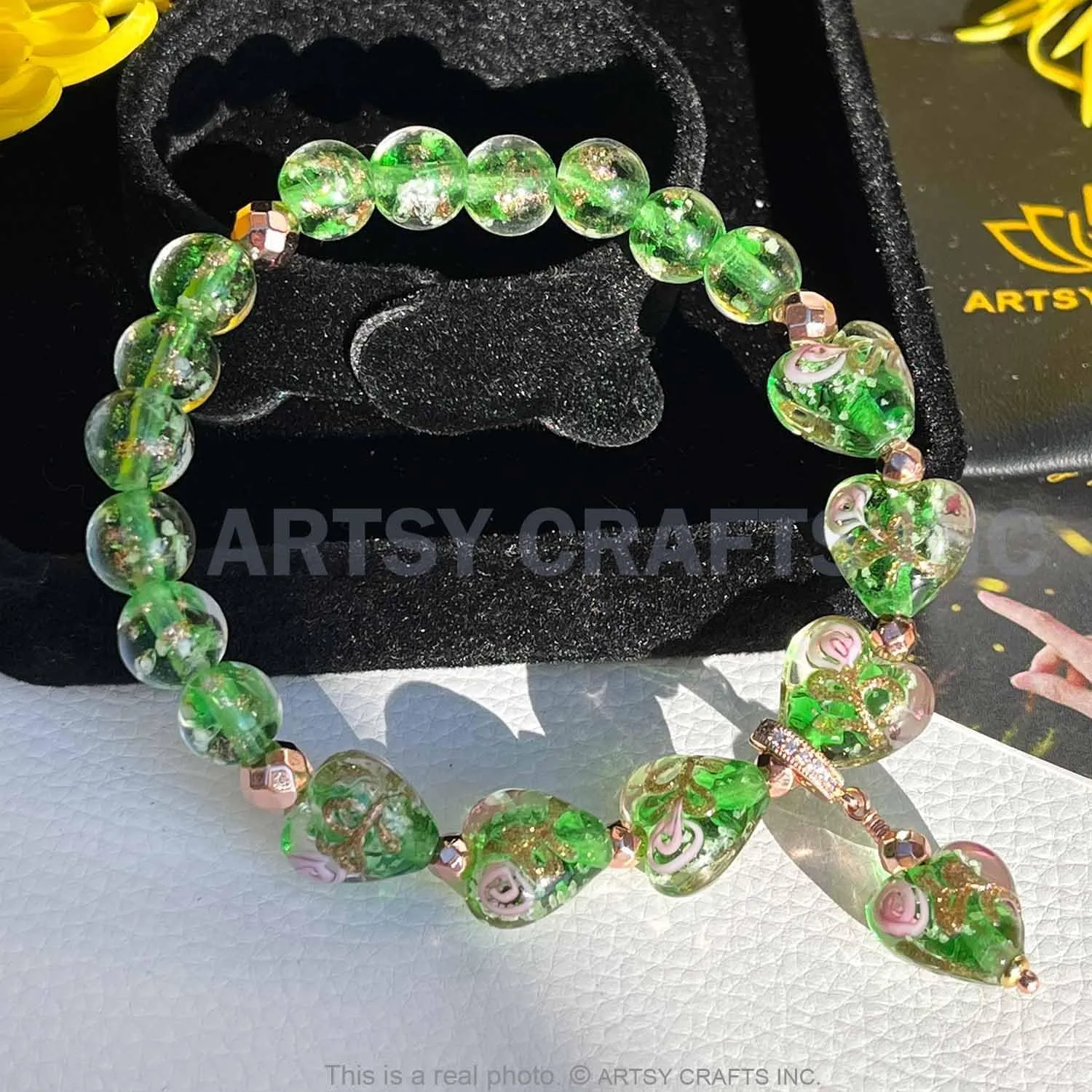 ARTSY Crafts Glow in the Dark Firefly Bead Bracelets Necklaces, Handmade in USA Heart Shaped Firefly Glass Jewelry, Murano Glass Crystal Mermaid Roses Heart Charm Bracelet Bangle
