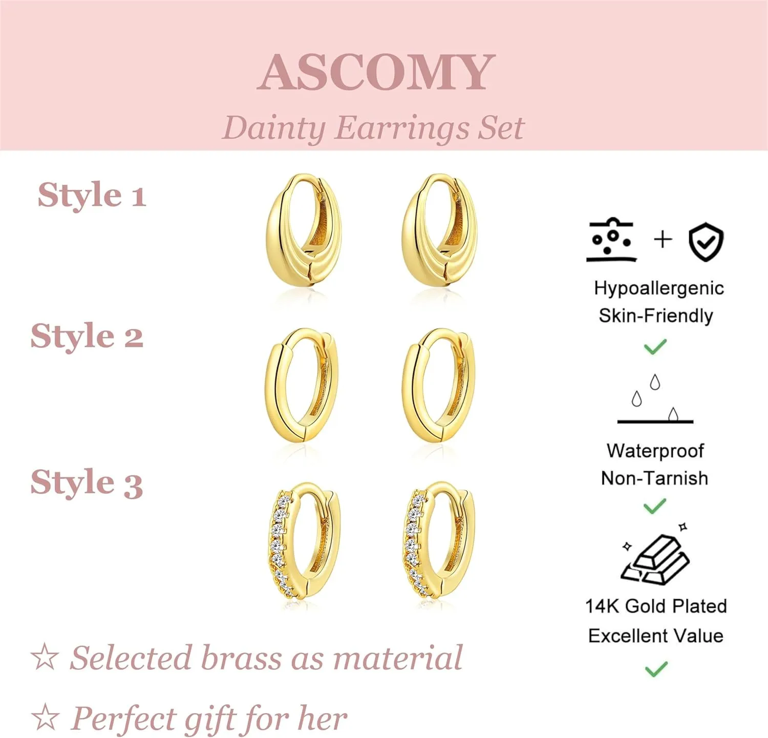 ASCOMY Gold Hoop Earrings Set for Women - 14K Gold/White Gold Plated Huggie Hoops, Cubic Zirconia Studs, Chunky Open Hoops - CZ Jewelry Gifts