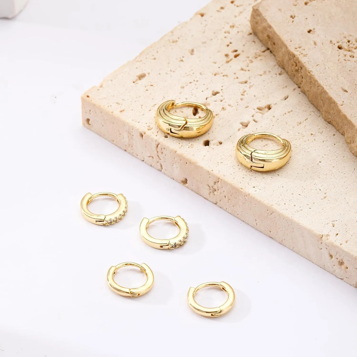 ASCOMY Gold Hoop Earrings Set for Women - 14K Gold/White Gold Plated Huggie Hoops, Cubic Zirconia Studs, Chunky Open Hoops - CZ Jewelry Gifts