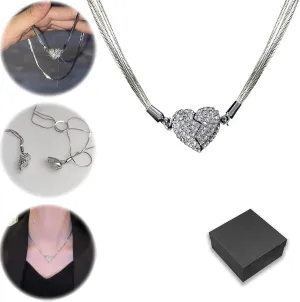Attractiveness Magnet Love Pendant Necklace, Three-Layer Chain, Metal Wind Necklace Clavicle Choker Pendant, Fashion Clavicle Chain Necklaces, Silver Magnet Matching Love Heart Necklaces (A)