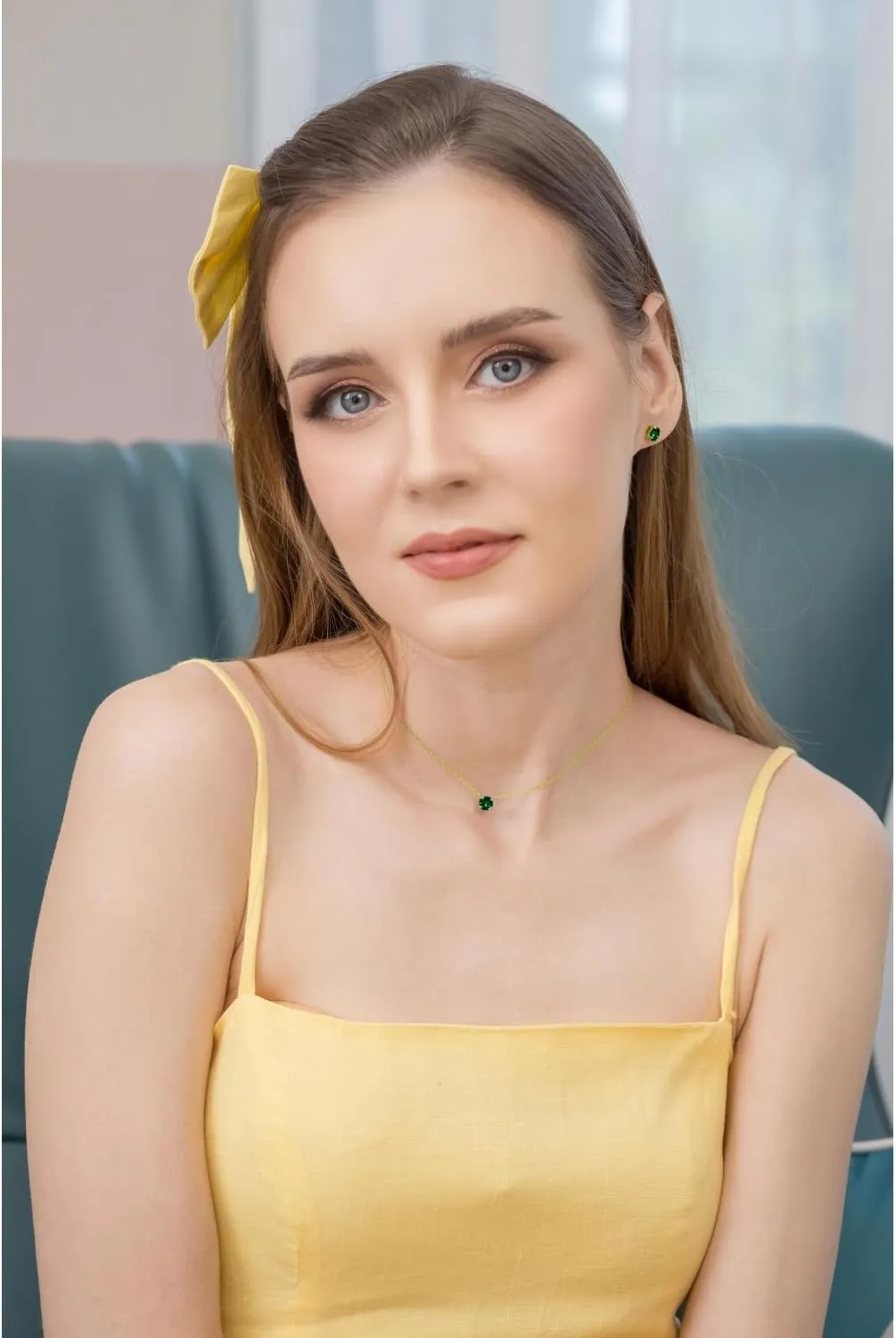 B. BRILLIANT Sterling Silver Genuine, Created or Simulated Gemstone Round Short Choker Necklace & Stud Earrings Jewelry Set for Women Bridesmaids
