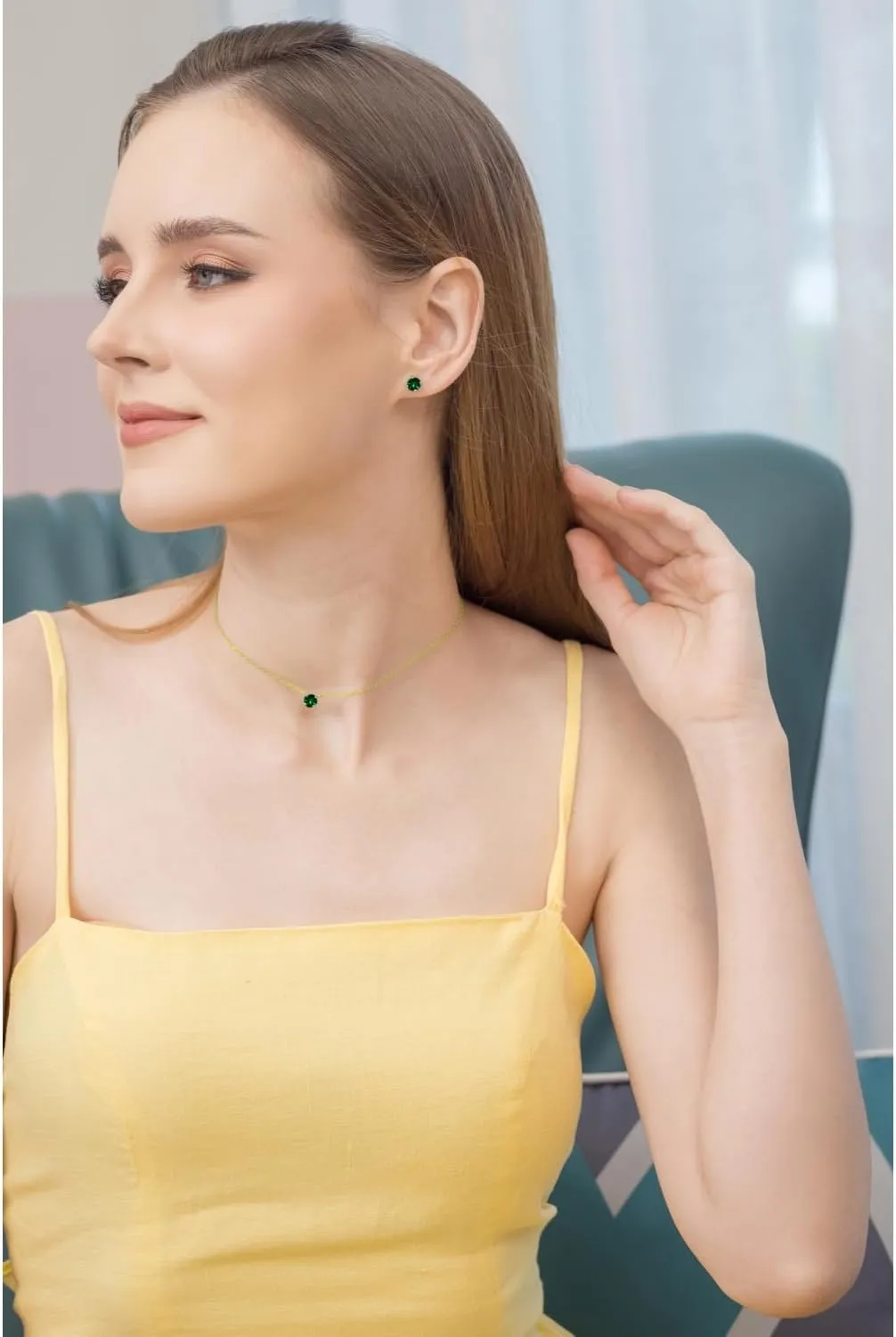 B. BRILLIANT Sterling Silver Genuine, Created or Simulated Gemstone Round Short Choker Necklace & Stud Earrings Jewelry Set for Women Bridesmaids