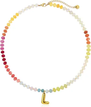 Badu Initial A-Z Colorful Beaded Gemstone Necklaces for Women 14K Gold Letter Pendant Necklace Natural Stone Summer Beach Handmade Jewelry Gift Trendy Necklaces