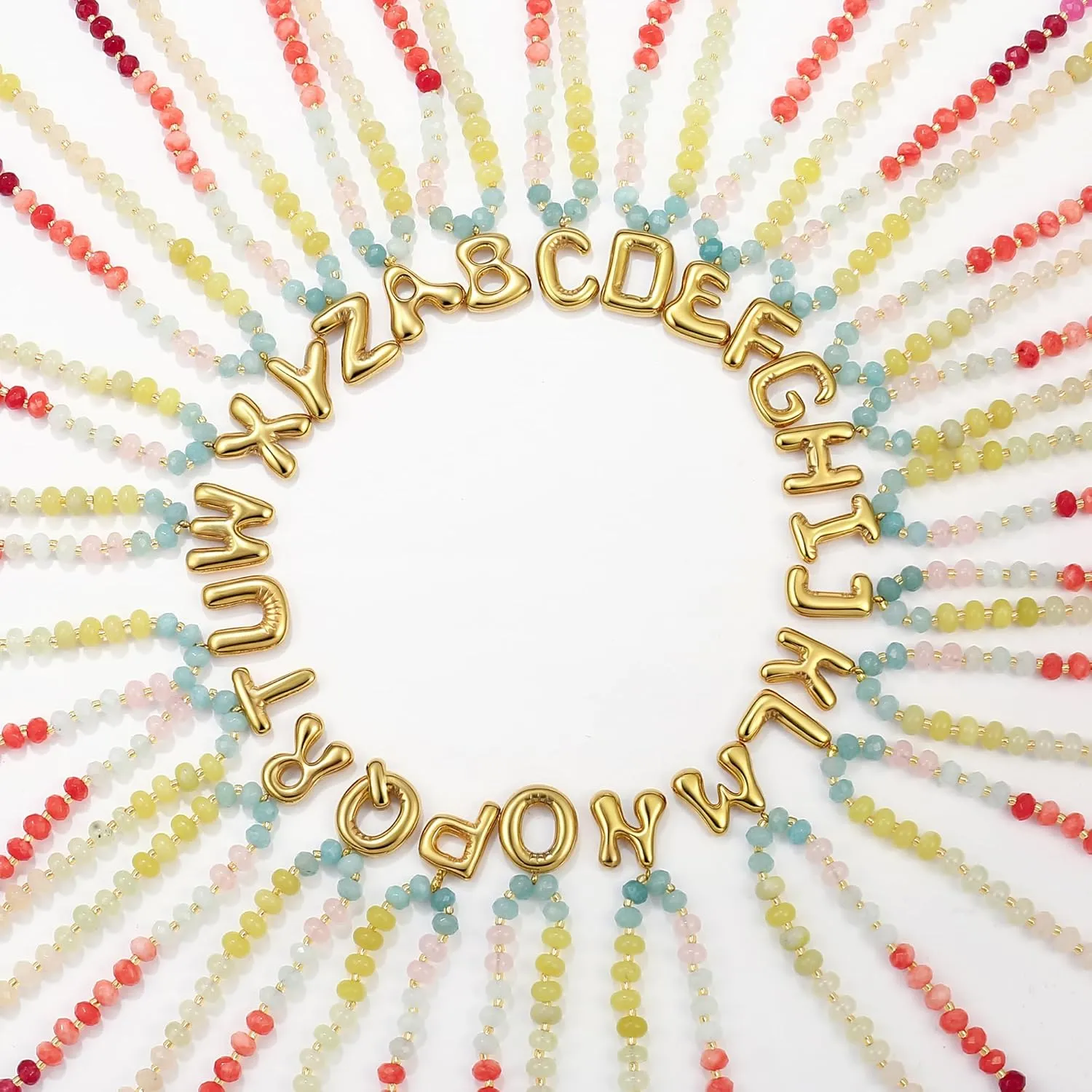 Badu Initial A-Z Colorful Beaded Gemstone Necklaces for Women 14K Gold Letter Pendant Necklace Natural Stone Summer Beach Handmade Jewelry Gift Trendy Necklaces