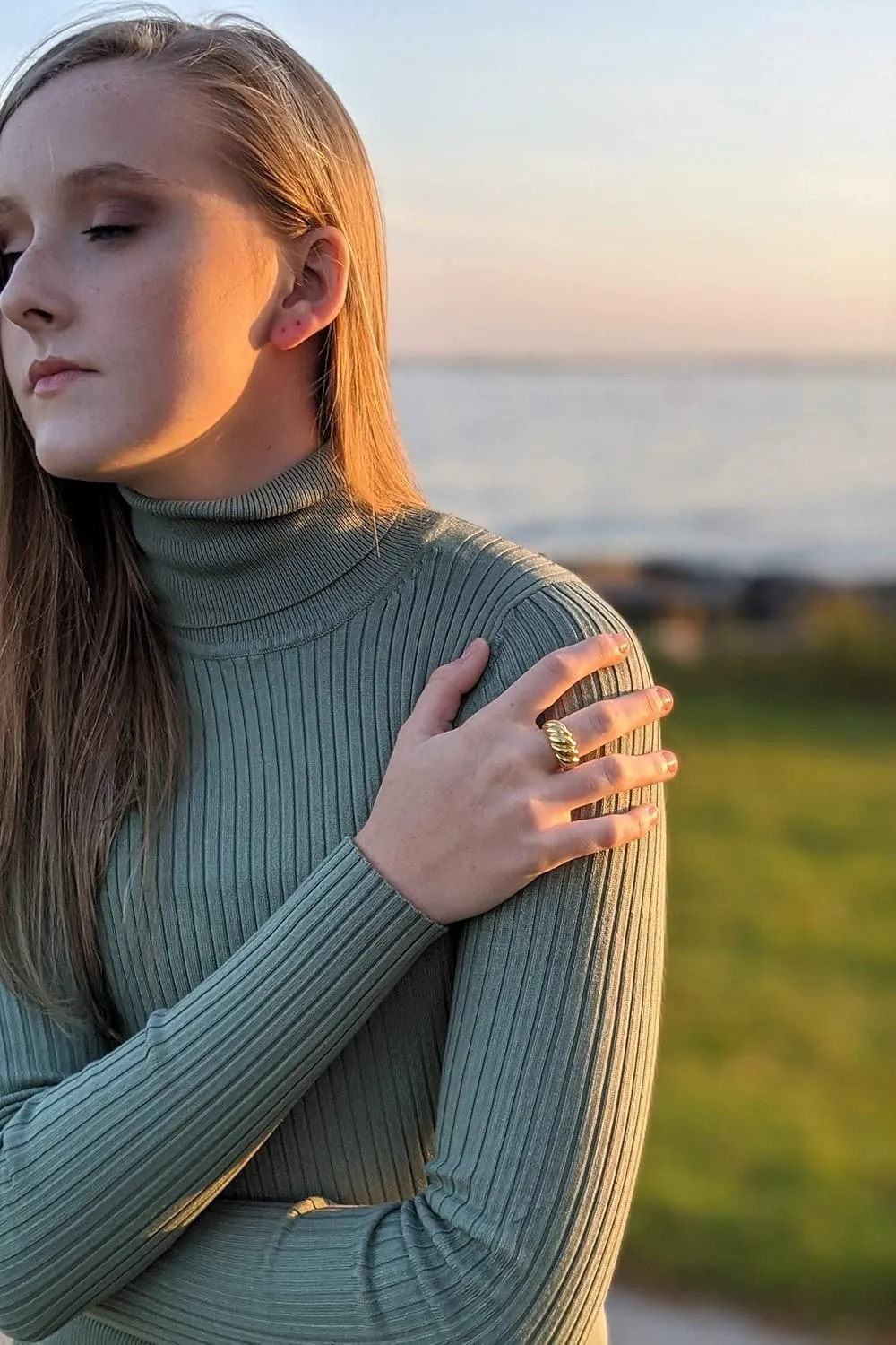 Baguette Dome Ring | CZ Set Gold Dome Ring | CZ Stacking Thick Band