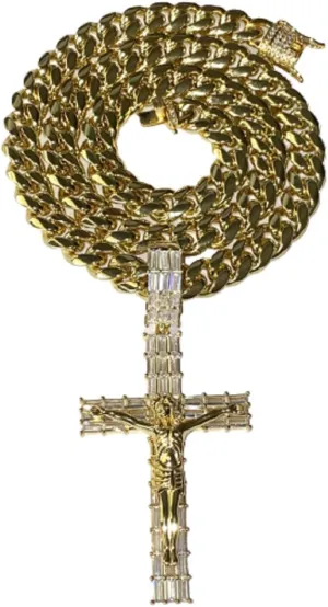 Baguette Men Women 925 Italy Silver 14k Gold Finish Iced Jesus Cross Pendant Stainless Steel Chain Real 8mm Wide Miami Cuban Link Chain Choker Set CZ Diamond Box Lock Solid heavy Chain