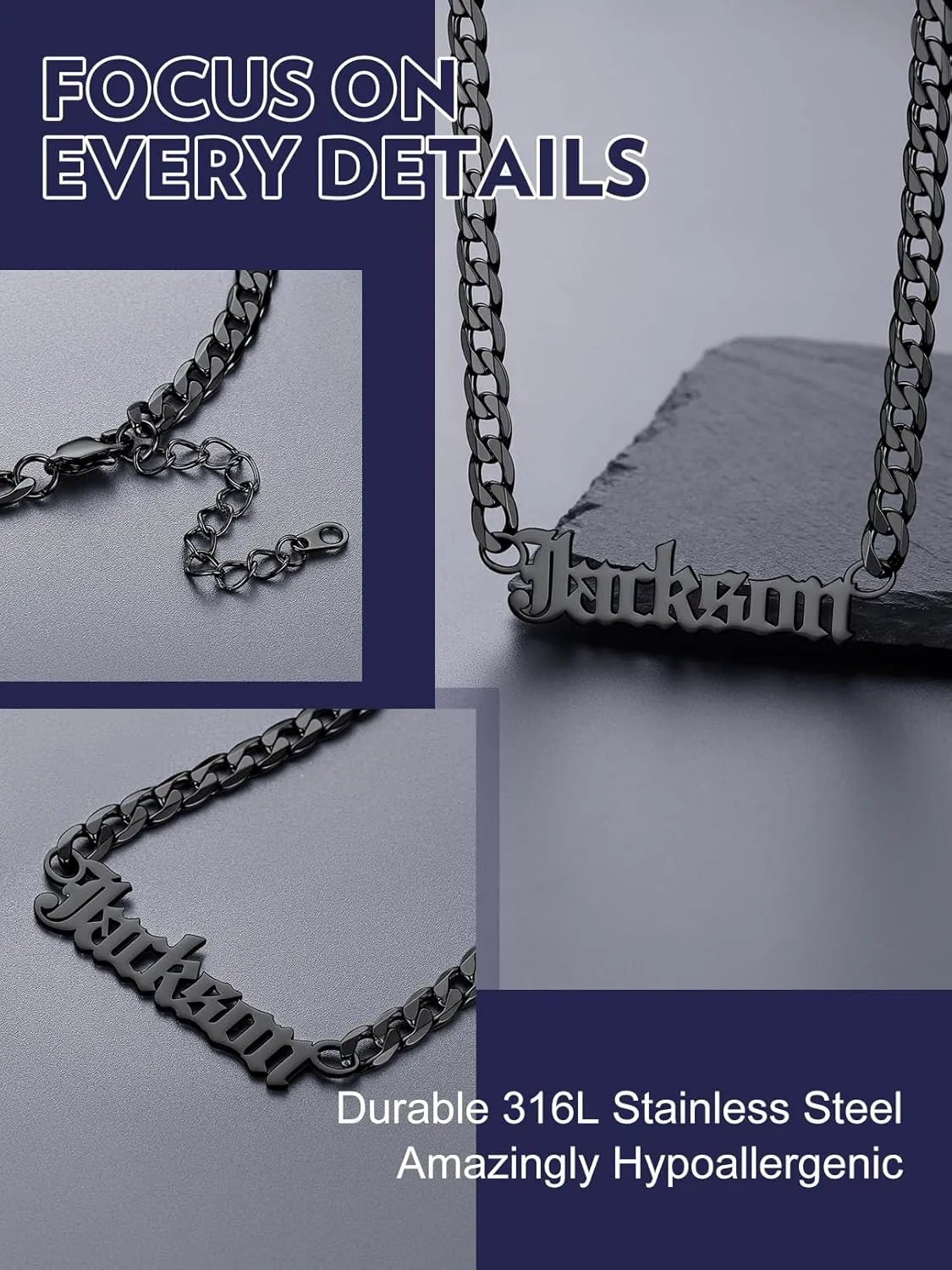 Bandmax Name Necklaces Personalized for Men Women Stainless Steel/Black Custom Name Plate Pendant Necklaces Personalized Name Jewelry Gift for Birthday Christmas Valentine's Day