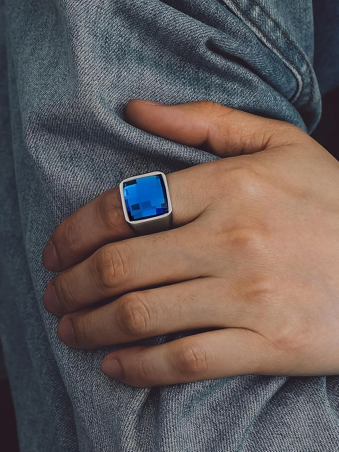 Bandmax Square Cut Gemstone Rings for Men Women, Shining Stone Signet Ring Cocktail Ring Statement Ring Personalized Birthstone Ring for Gift US Size 7-14