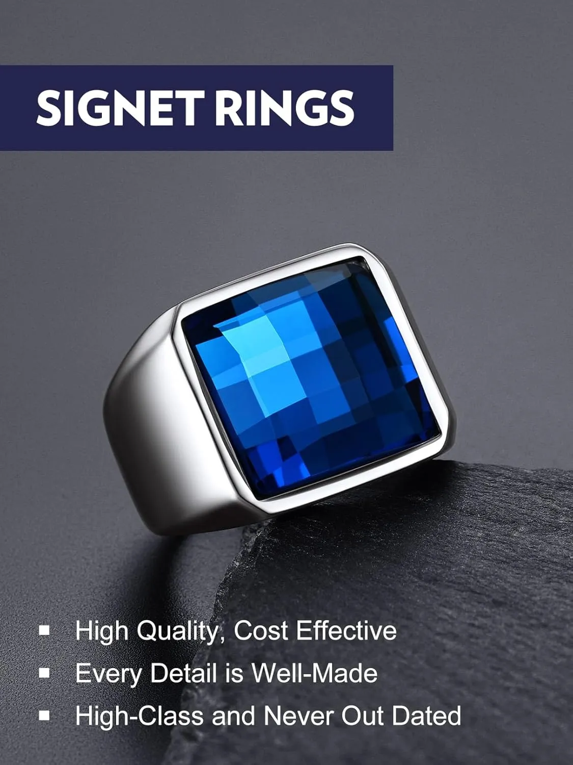 Bandmax Square Cut Gemstone Rings for Men Women, Shining Stone Signet Ring Cocktail Ring Statement Ring Personalized Birthstone Ring for Gift US Size 7-14