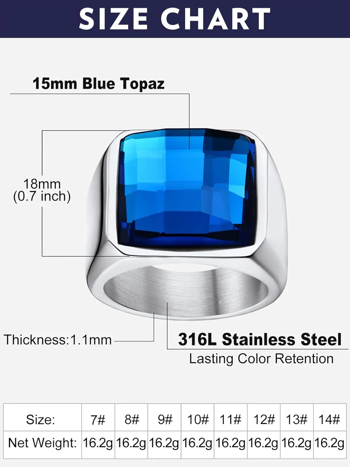 Bandmax Square Cut Gemstone Rings for Men Women, Shining Stone Signet Ring Cocktail Ring Statement Ring Personalized Birthstone Ring for Gift US Size 7-14