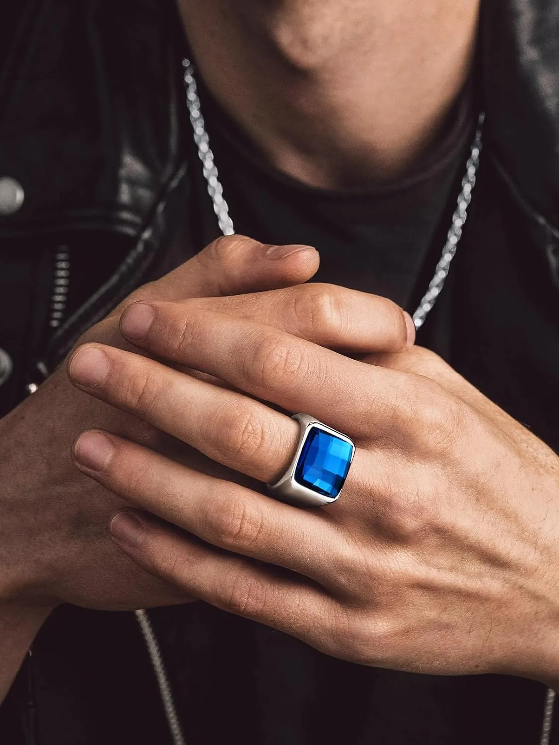 Bandmax Square Cut Gemstone Rings for Men Women, Shining Stone Signet Ring Cocktail Ring Statement Ring Personalized Birthstone Ring for Gift US Size 7-14