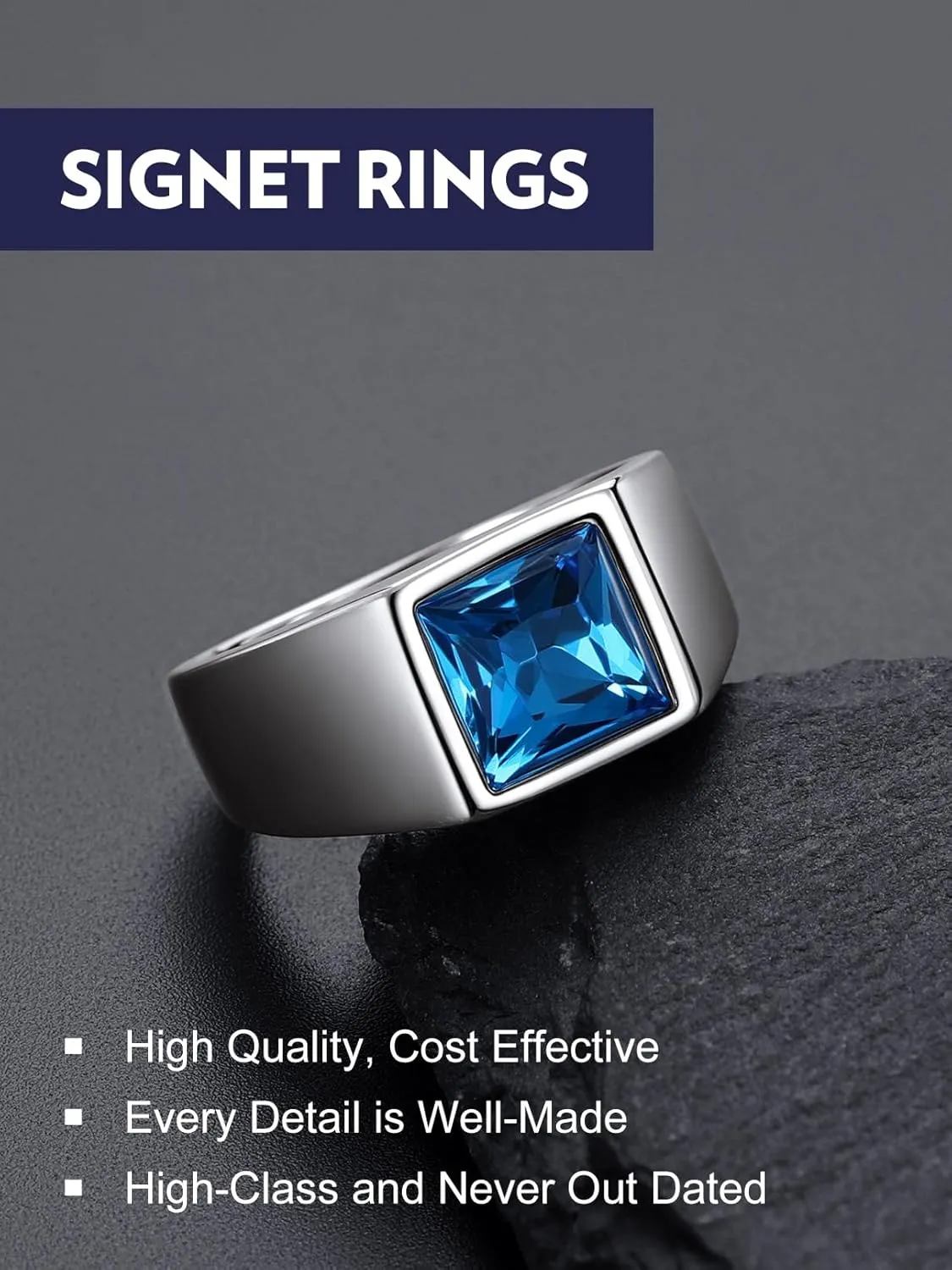 Bandmax Square Cut Gemstone Rings for Men Women, Shining Stone Signet Ring Cocktail Ring Statement Ring Personalized Birthstone Ring for Gift US Size 7-14