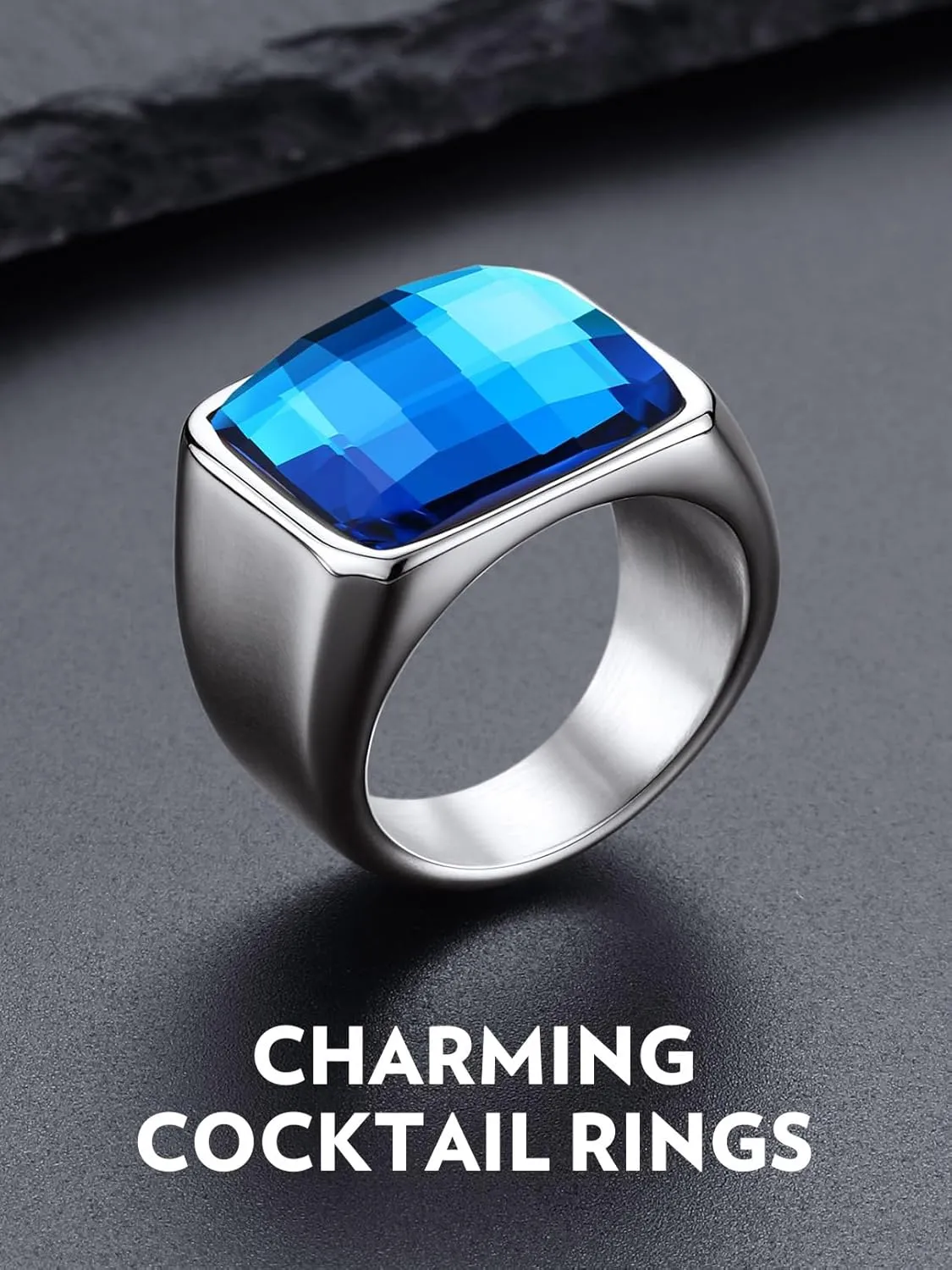 Bandmax Square Cut Gemstone Rings for Men Women, Shining Stone Signet Ring Cocktail Ring Statement Ring Personalized Birthstone Ring for Gift US Size 7-14