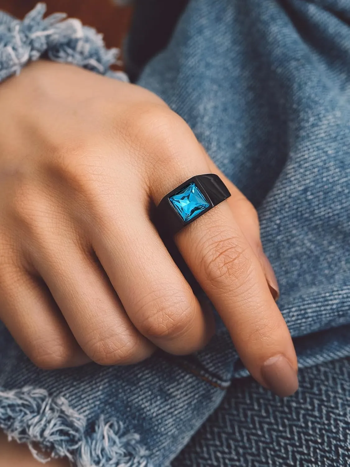 Bandmax Square Cut Gemstone Rings for Men Women, Shining Stone Signet Ring Cocktail Ring Statement Ring Personalized Birthstone Ring for Gift US Size 7-14