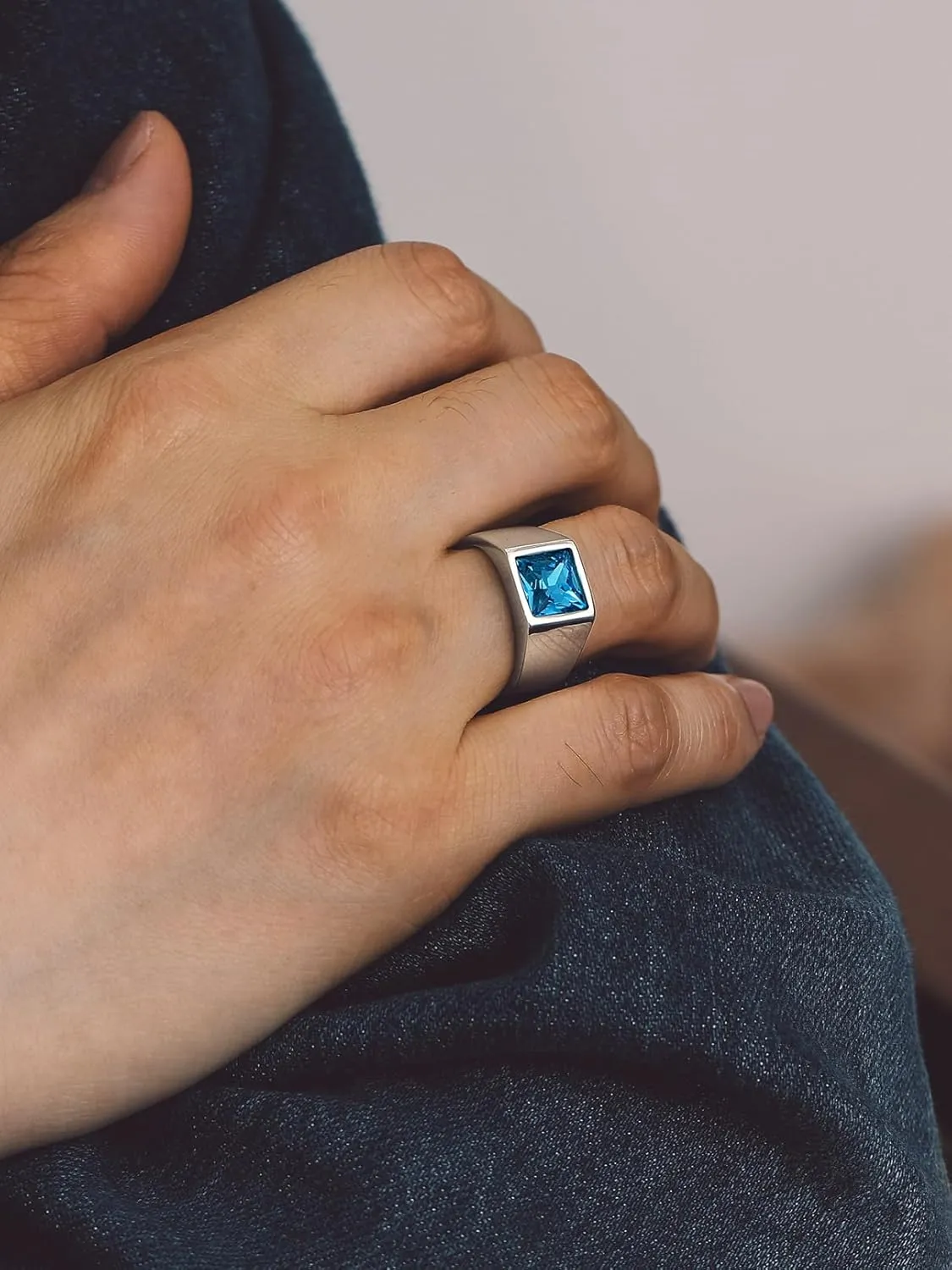 Bandmax Square Cut Gemstone Rings for Men Women, Shining Stone Signet Ring Cocktail Ring Statement Ring Personalized Birthstone Ring for Gift US Size 7-14