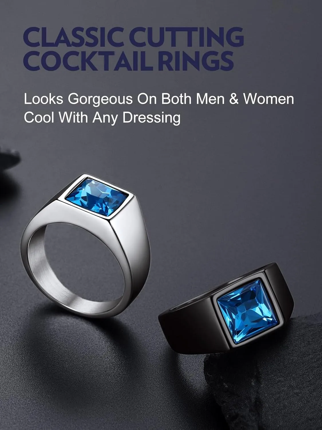 Bandmax Square Cut Gemstone Rings for Men Women, Shining Stone Signet Ring Cocktail Ring Statement Ring Personalized Birthstone Ring for Gift US Size 7-14