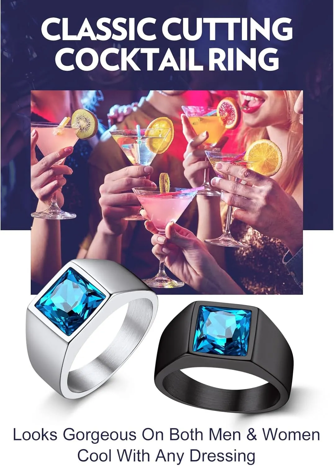 Bandmax Square Cut Gemstone Rings for Men Women, Shining Stone Signet Ring Cocktail Ring Statement Ring Personalized Birthstone Ring for Gift US Size 7-14